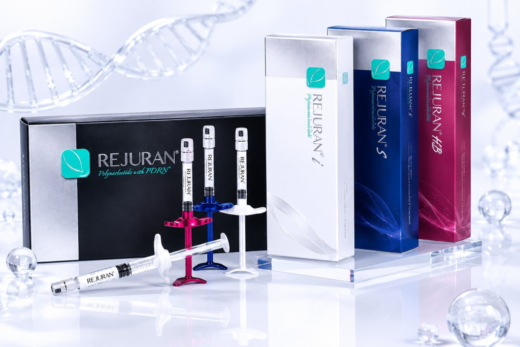 Rejuran skin booster product boxes and syringes with DNA helix background