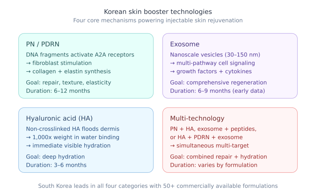 Korean skin booster technology overview showing four categories: PN/PDRN, Exosome, HA, and Multi-Tech