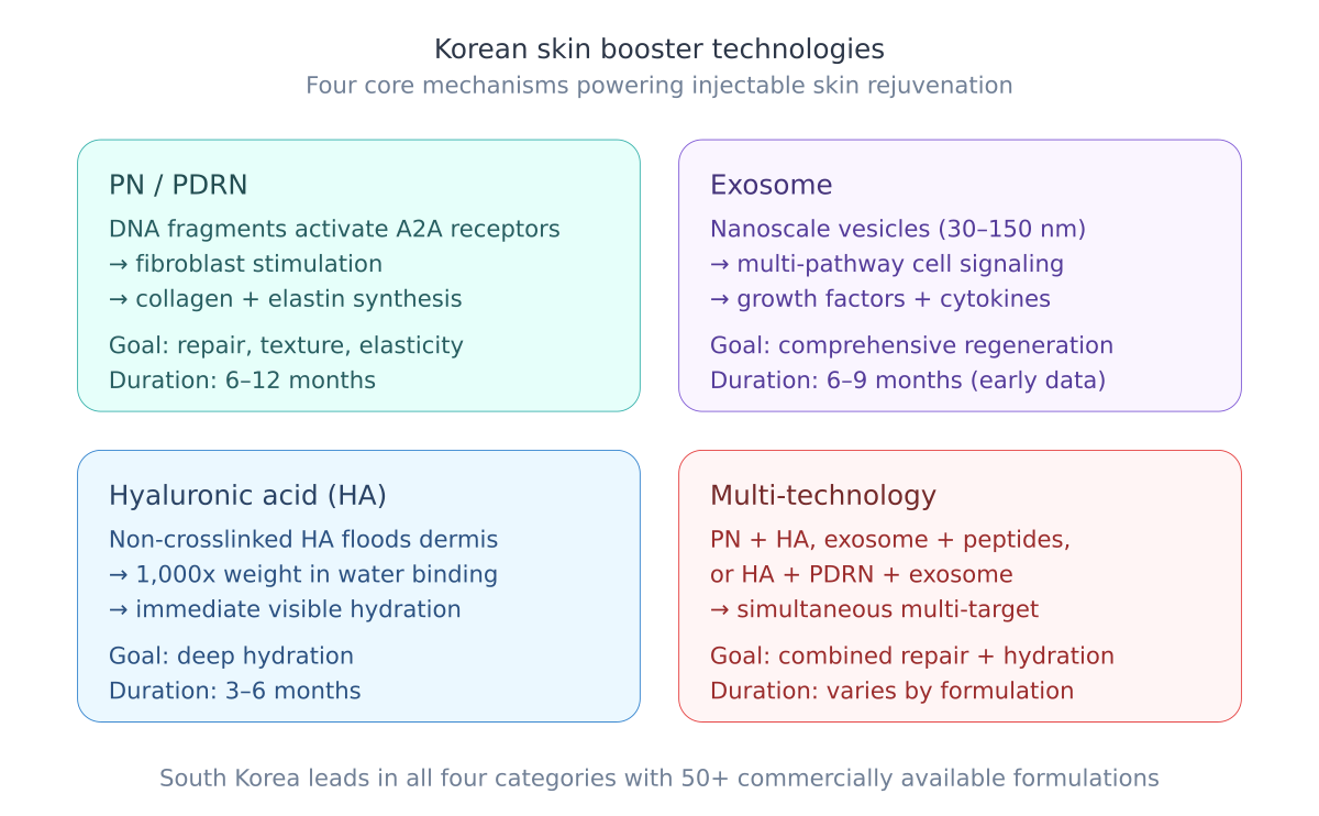 Korean skin booster technology overview showing four categories: PN/PDRN, Exosome, HA, and Multi-Tech