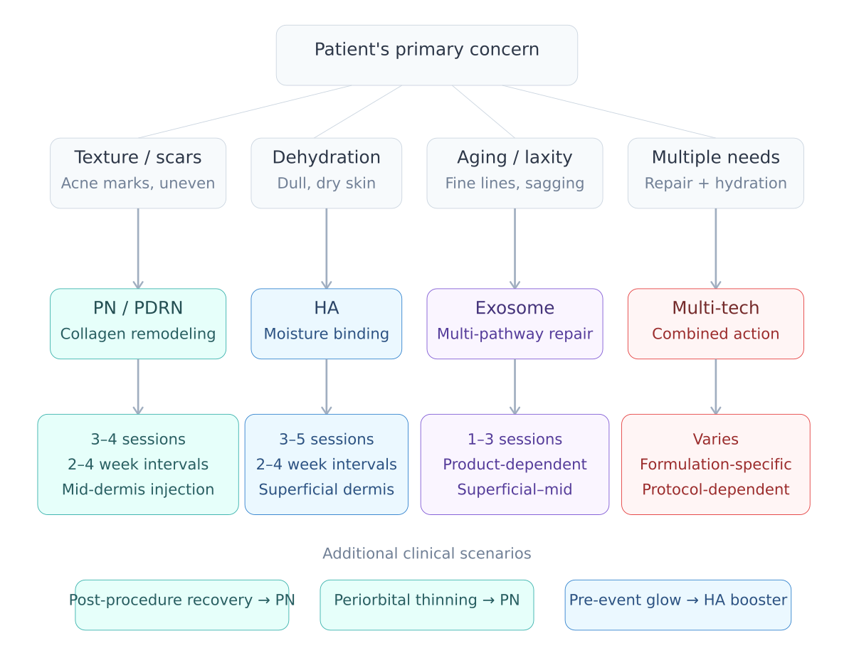 Decision tree mapping patient concerns to recommended skin booster technologies