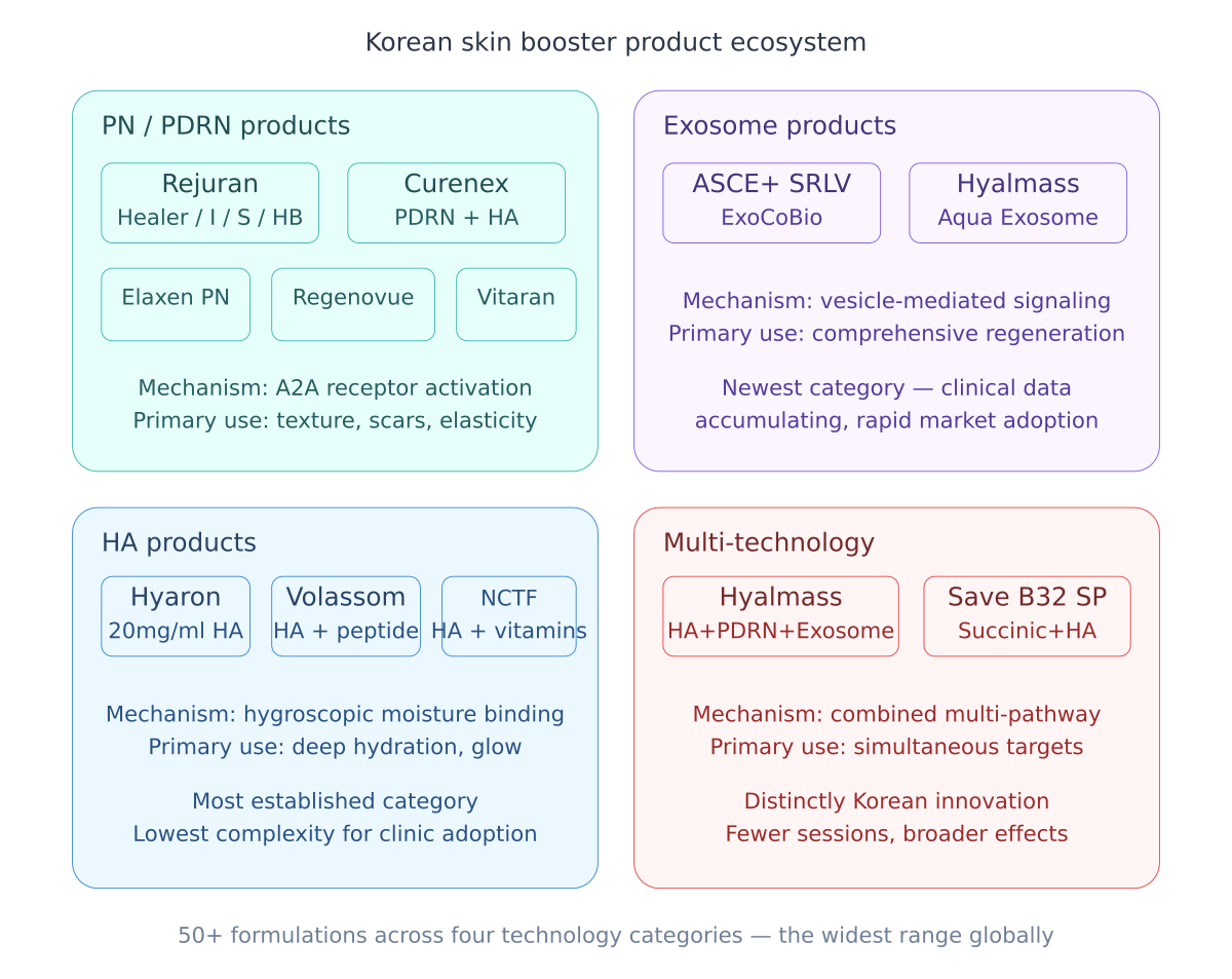 Korean skin booster product ecosystem organized by technology category