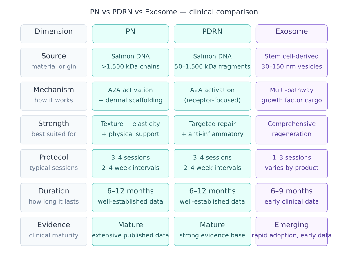 PN vs PDRN vs Exosome clinical comparison across six dimensions