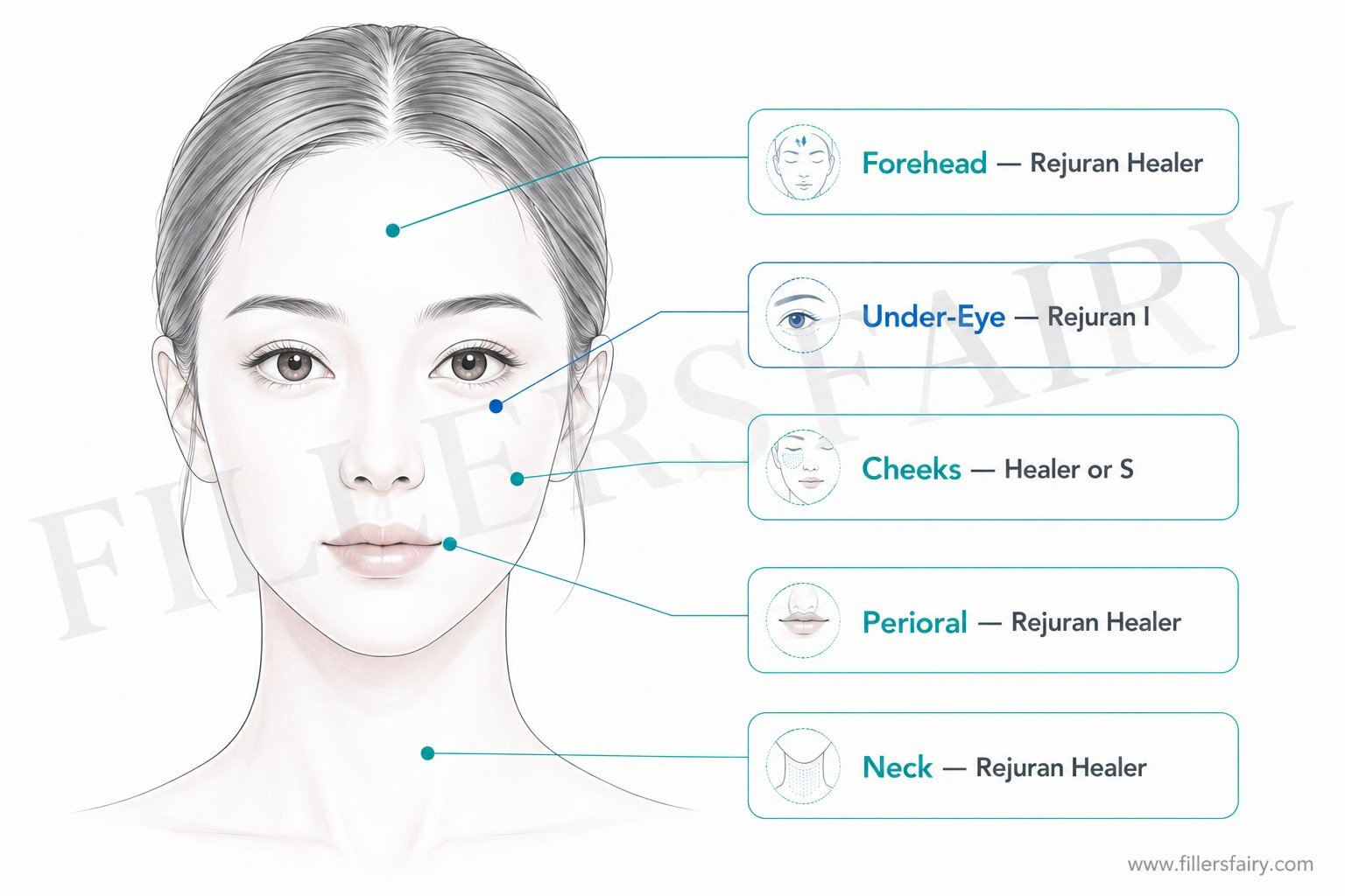 Rejuran treatment areas facial map showing which variant is used for each zone