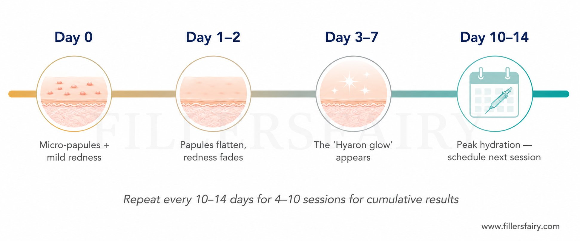 Hyaron treatment recovery timeline: injection day through 14 days showing papule resolution, hydration onset, and when to schedule next session