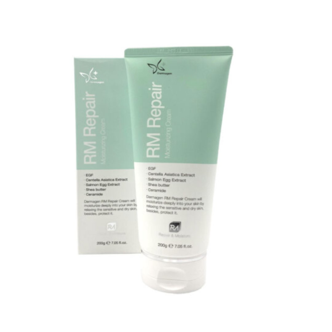 Dermagen RM Repair Cream 200 g tube and box showing EGF, Centella, Salmon Egg Extract, Shea Butter and Ceramide