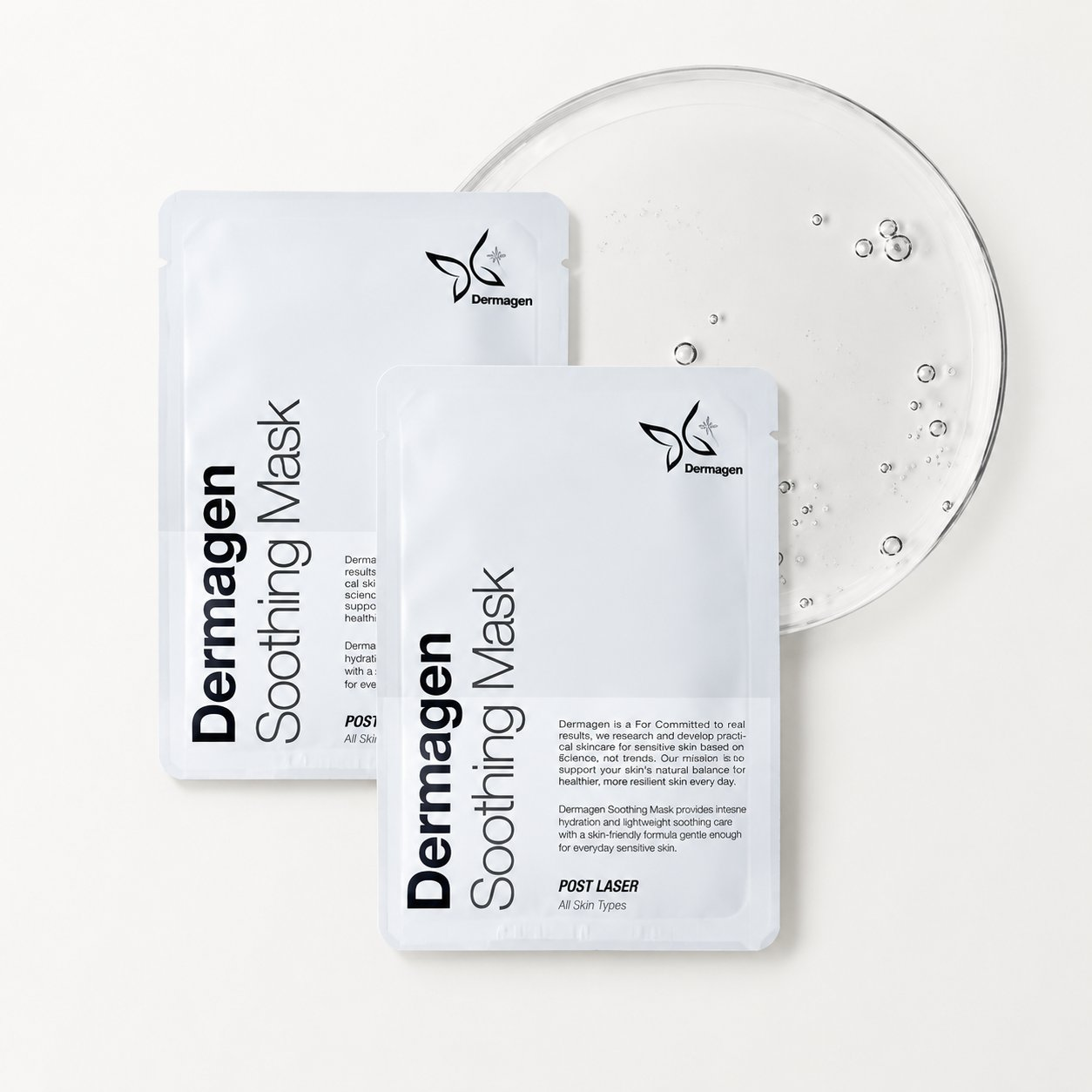 Dermagen Soothing Mask sheet-mask pouches with a dish of clear essence gel