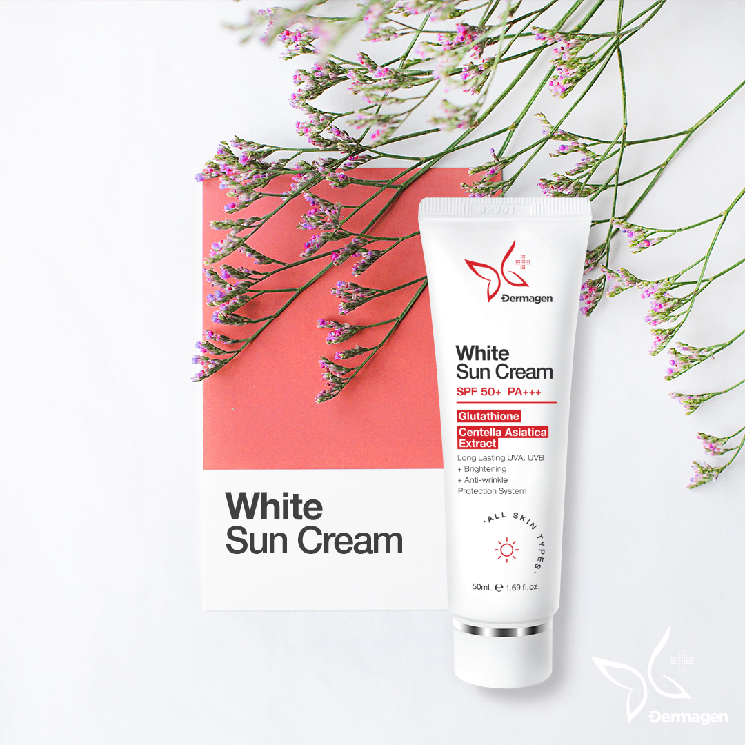 Dermagen White Sun Cream SPF 50+ PA+++ tube and box with glutathione and Centella Asiatica