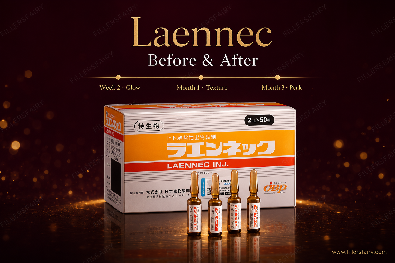 Laennec before and after — results timeline Week 2 glow, Month 1 texture, Month 3 peak