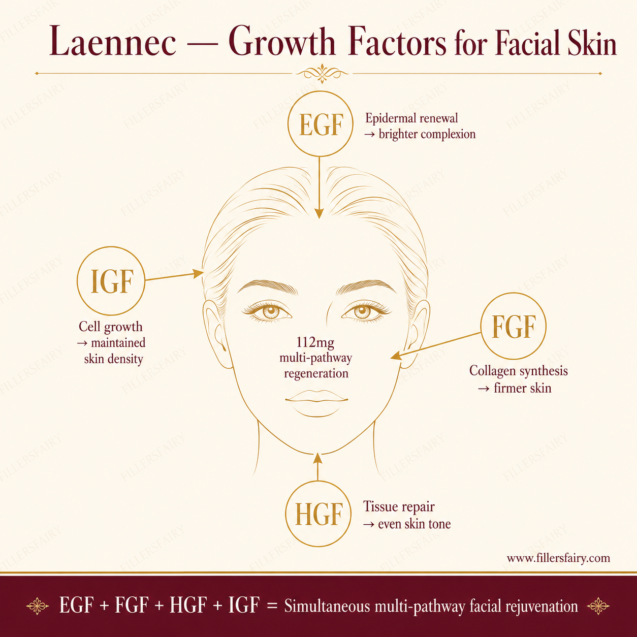 Laennec growth factors for facial skin — EGF, FGF, HGF, IGF multi-pathway rejuvenation