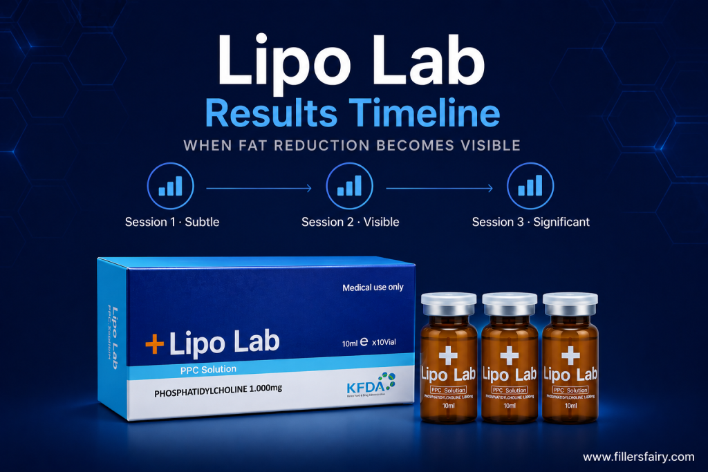 Lipo Lab results timeline — Session 1 subtle, Session 2 visible, Session 3 significant