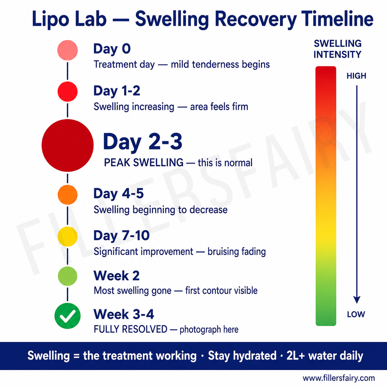 Lipo Lab swelling recovery timeline — Day 0 through Week 3-4 fully resolved