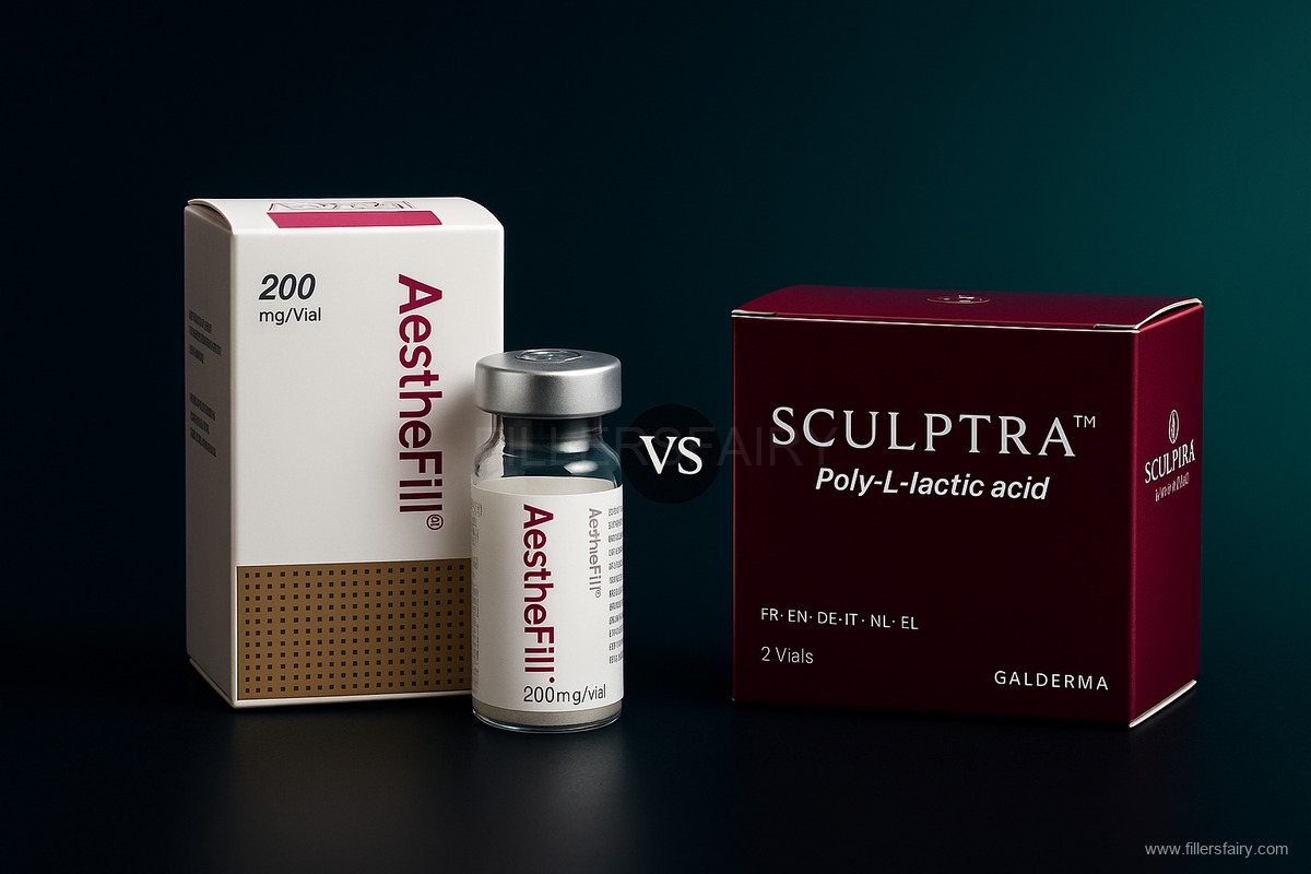 AestheFill vs Sculptra collagen stimulator comparison showing PDLLA and PLLA product boxes and vial