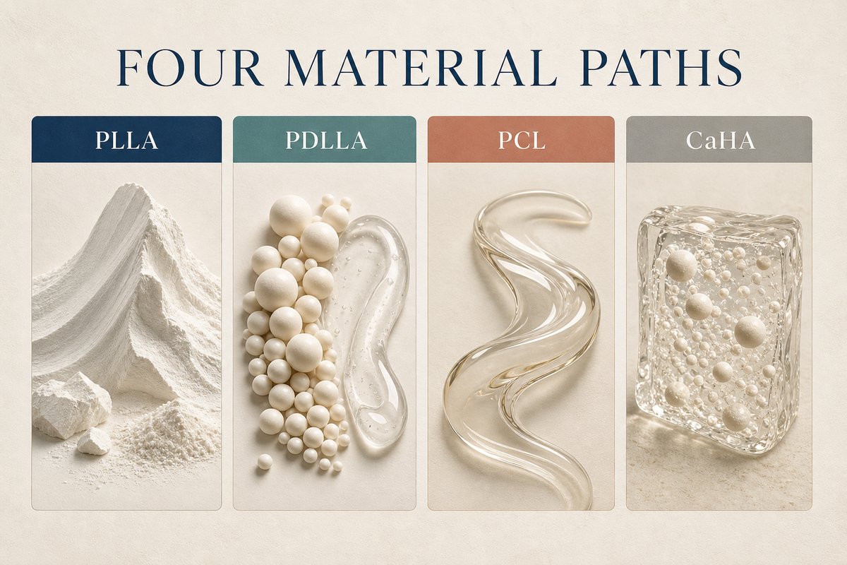Four Material Paths editorial graphic comparing PLLA, PDLLA, PCL and CaHA symbolic material forms