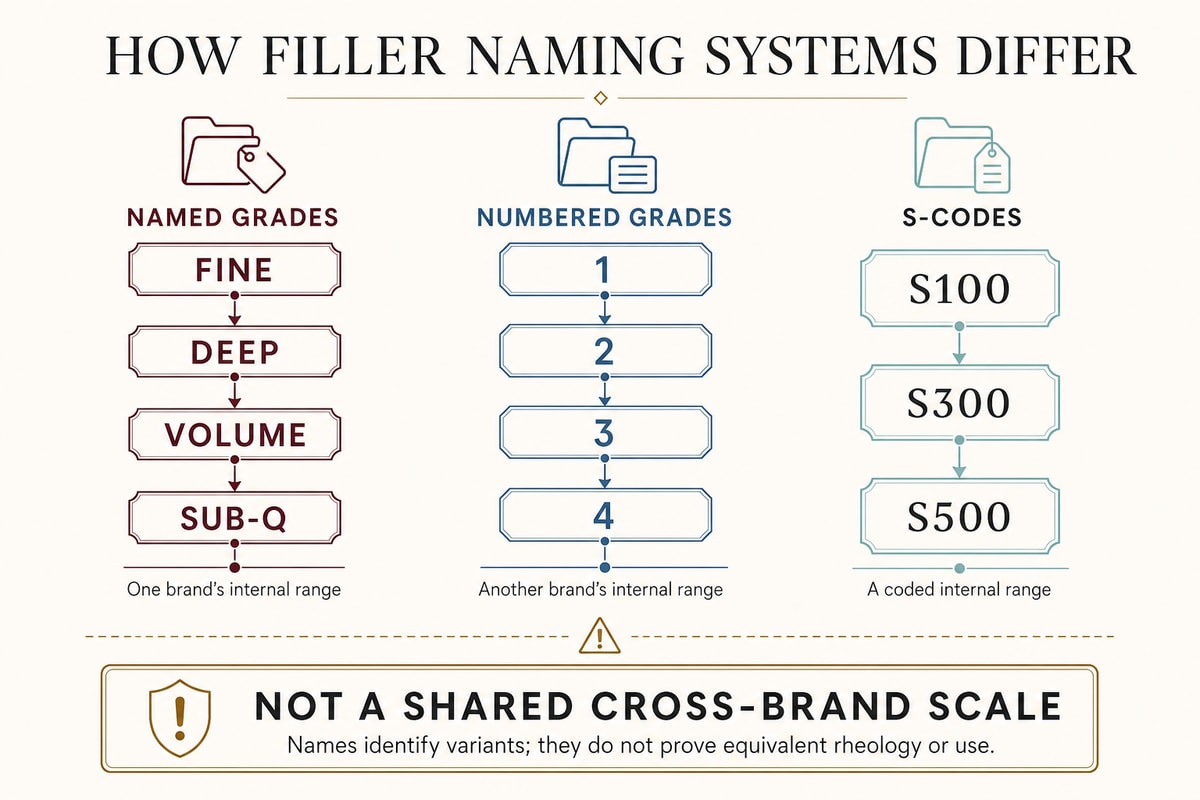 Comparison of Korean filler naming systems including Fine Deep Volume numbered grades and S-codes