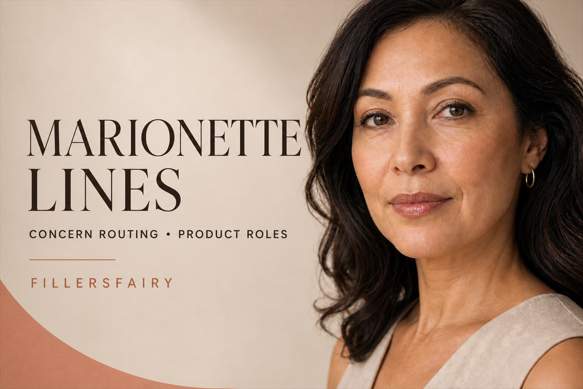 Marionette lines filler guide showing lower-face concern routing and product roles