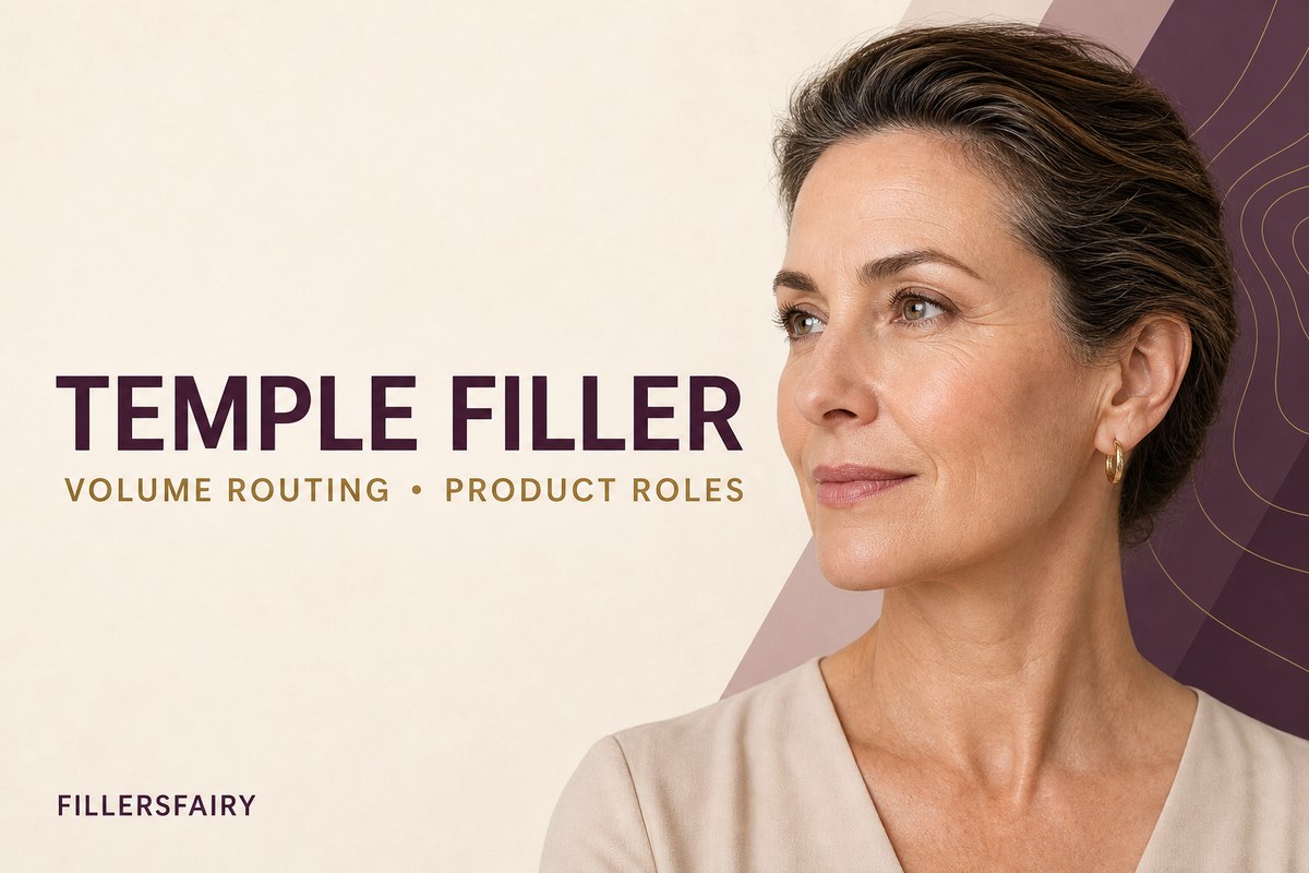 Temple filler guide showing upper-face concern routing and four product roles