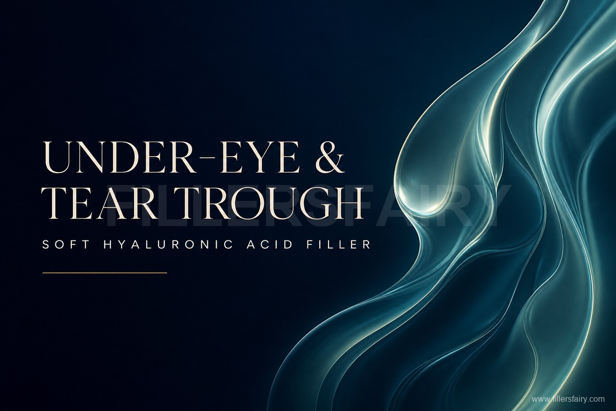 Under-eye tear trough hyaluronic acid filler clinical guide showing soft HA fillers for periorbital hollows