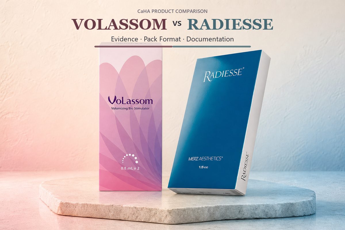 Volassom vs Radiesse CaHA evidence and pack comparison for clinic buyers