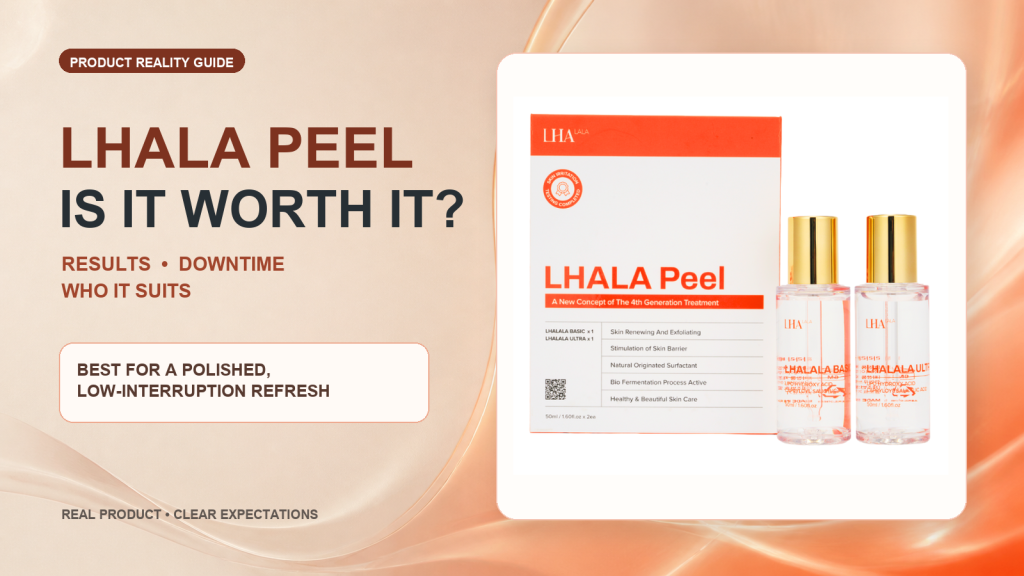 LHALA Peel real product box with Basic and Ultra bottles, covering results, downtime and best fit.