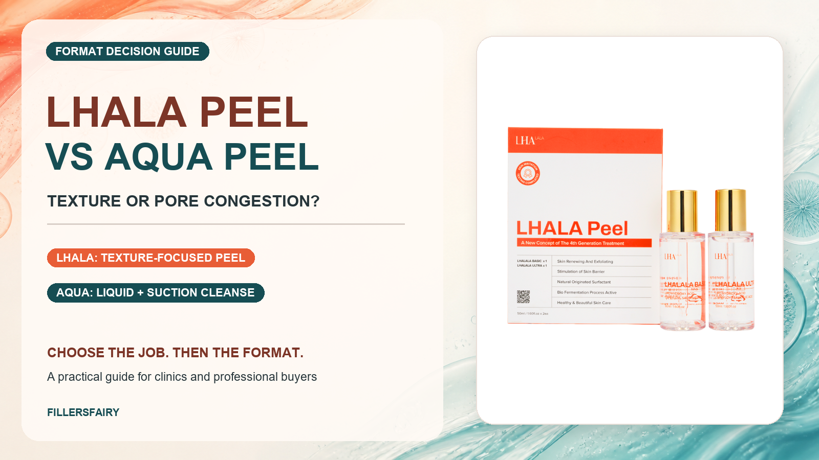 LHALA Peel real product beside a clear choice between texture-focused LHA peeling and Aqua Peel pore cleansing.