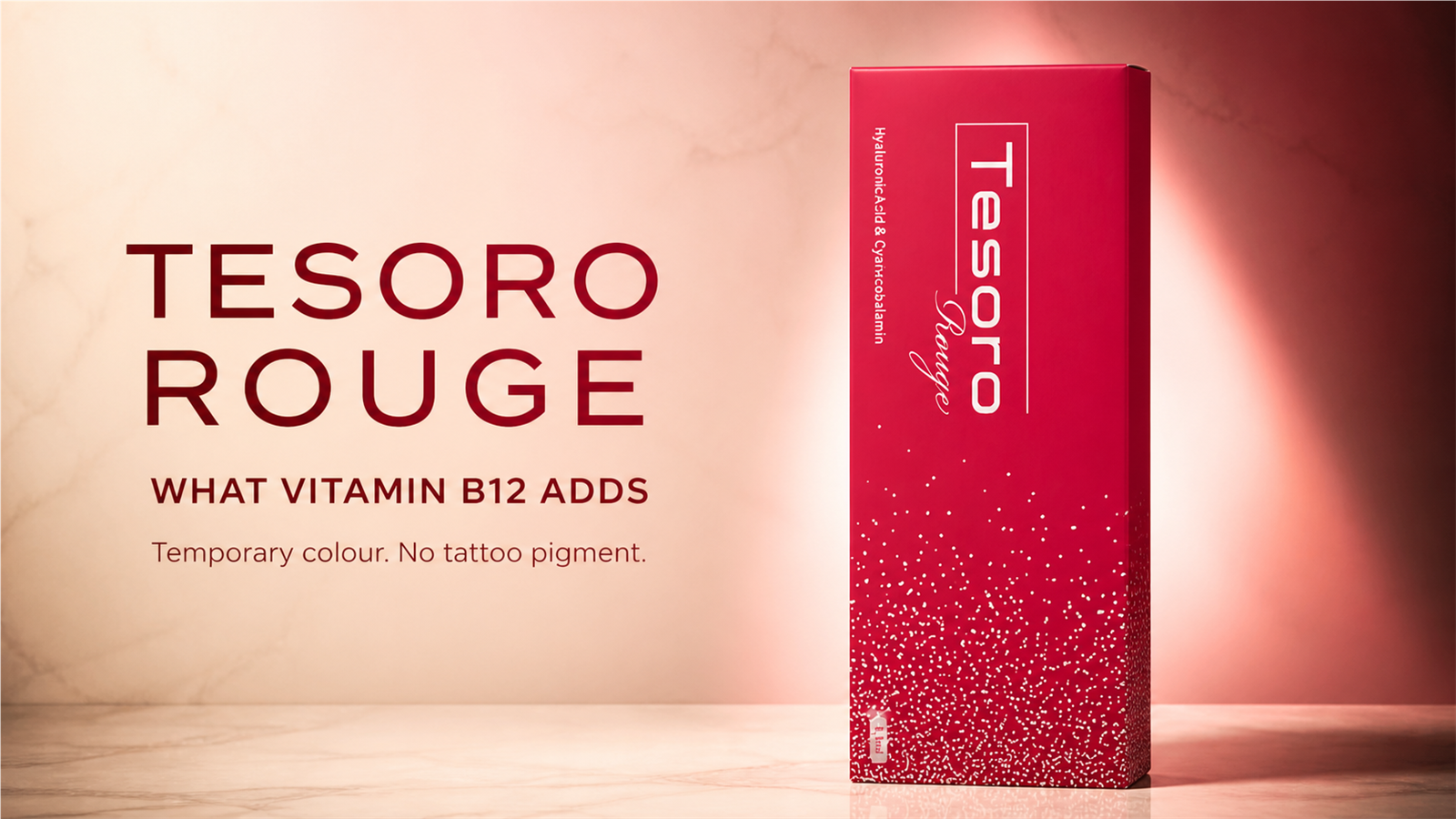 Tesoro Rouge Vitamin B12 lip filler box with a temporary colour and no tattoo pigment message