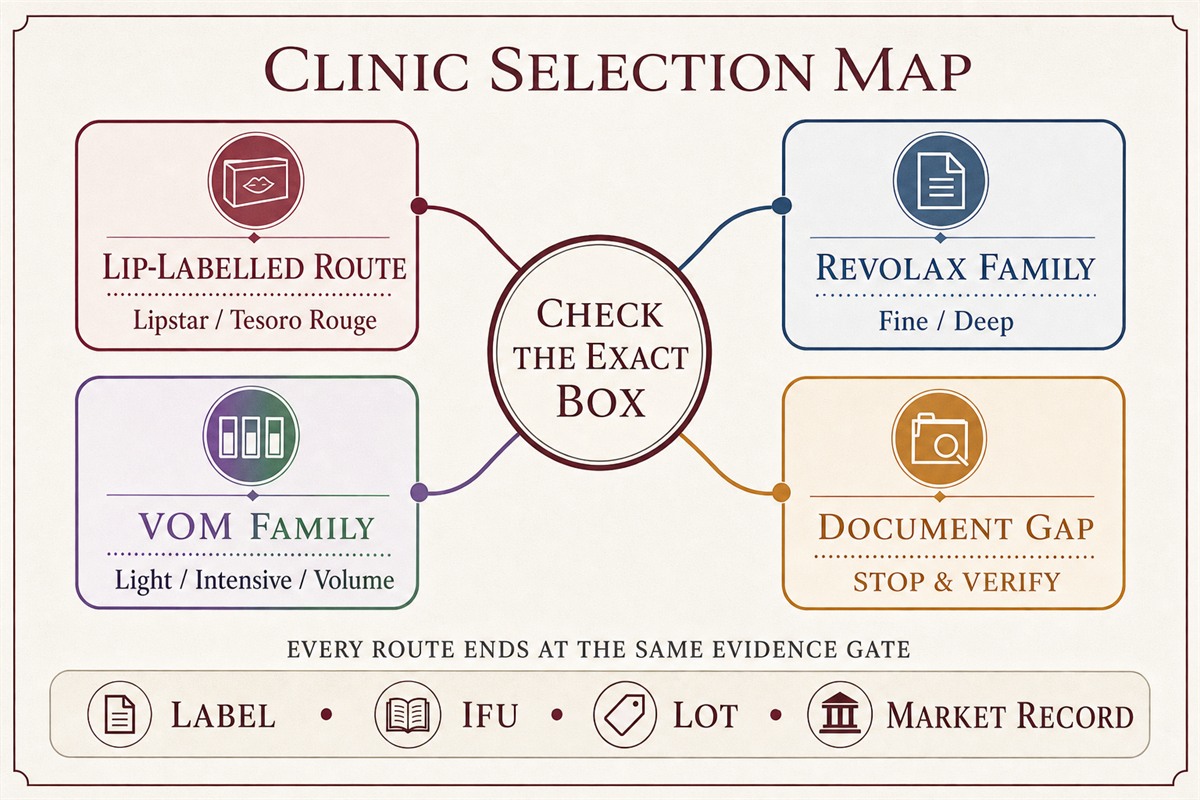 Clinic selection map for Lipstar Tesoro Rouge Revolax and the three VOM filler models
