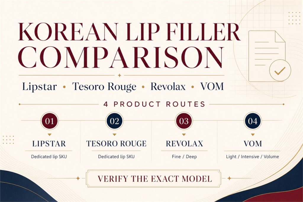 Korean lip filler comparison poster showing Lipstar Tesoro Rouge Revolax and VOM product routes