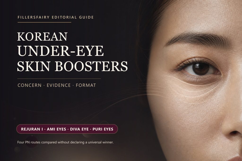 Editorial guide to Korean under-eye skin boosters including Rejuran I AMI Eyes Diva Eye and Puri Eyes