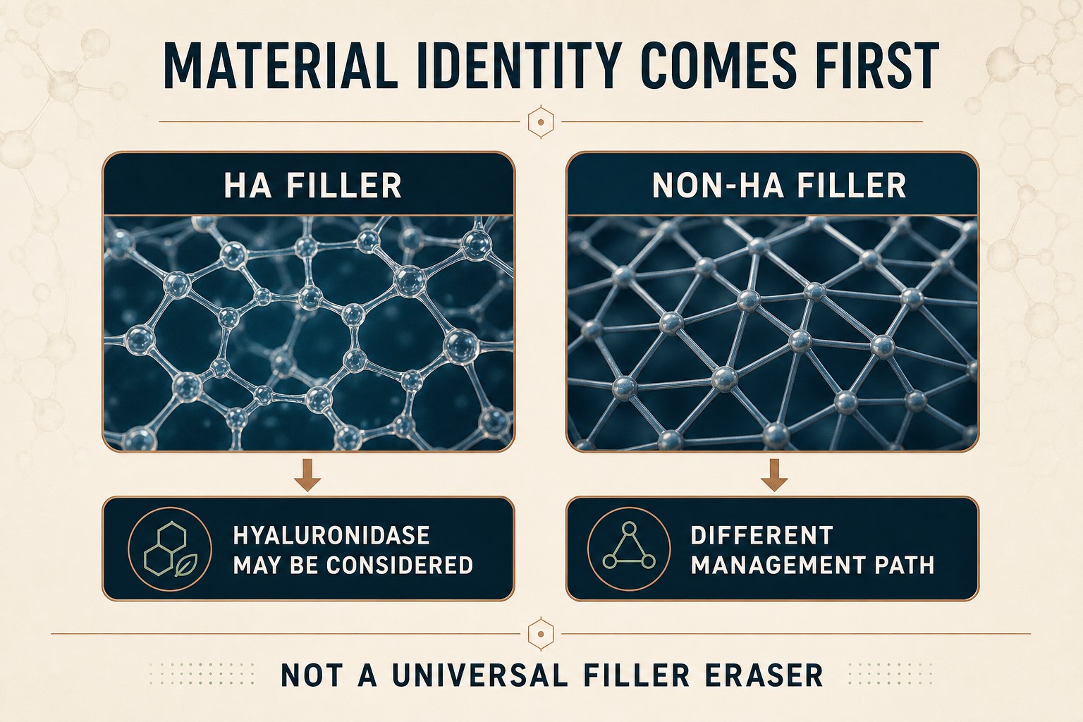Material identity map showing hyaluronidase may be considered for HA filler but not as a universal filler eraser