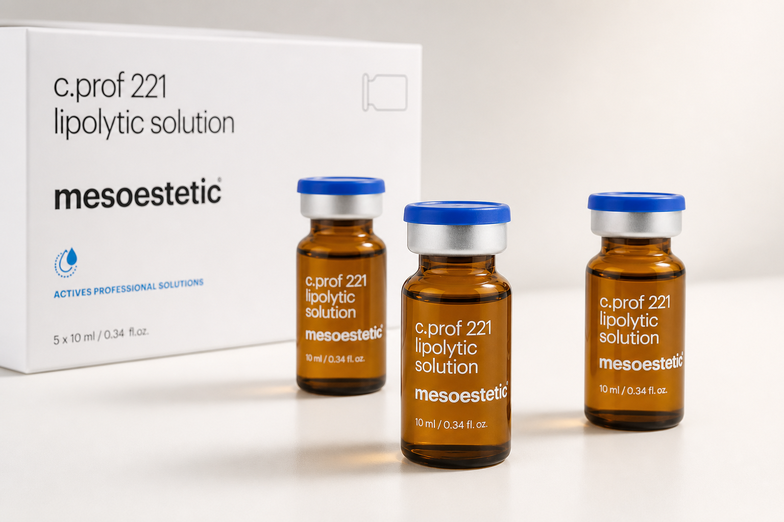 Three Mesoestetic c.prof 221 10 mL amber vials with blue caps and product box
