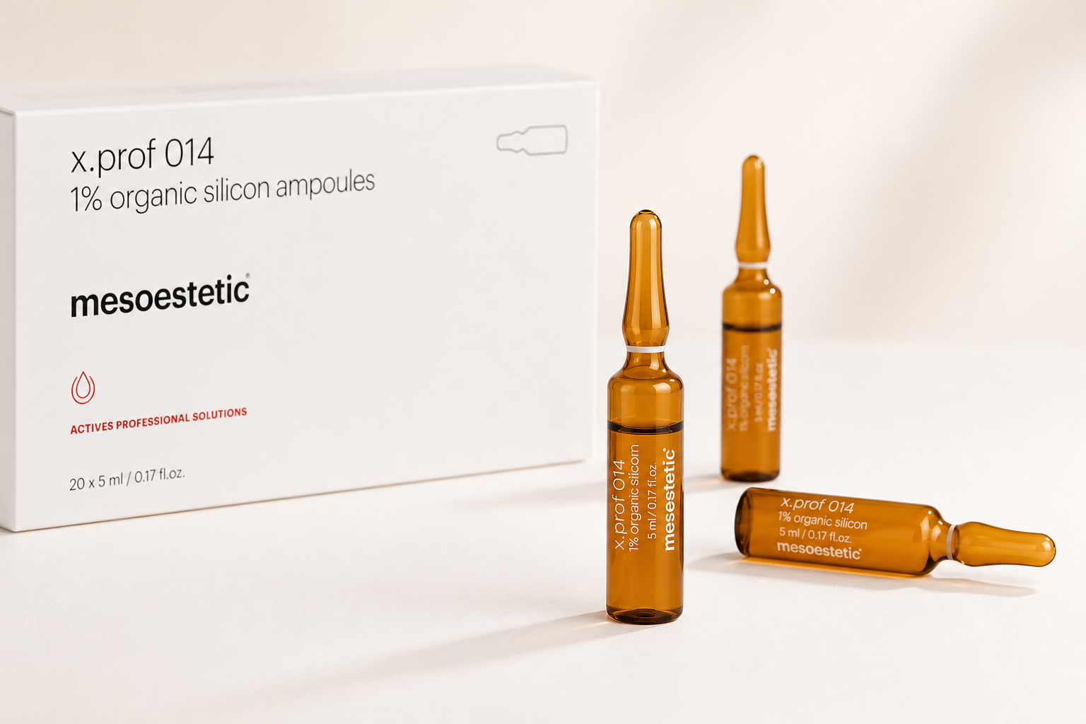 Mesoestetic x.prof 014 1% organic silicon amber ampoules with their product box
