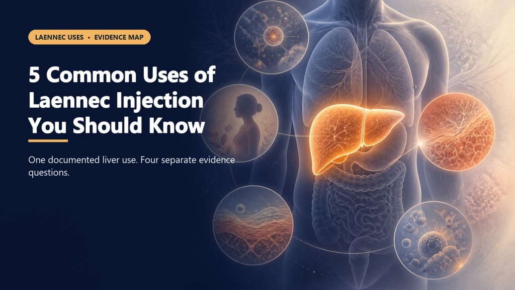 Medical evidence map showing a highlighted liver and five commonly discussed Laennec use questions