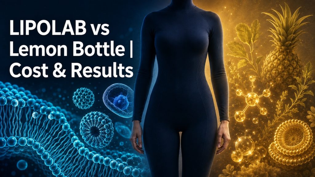 LIPOLAB and Lemon Bottle formula comparison with PPC and deoxycholate motifs opposite pineapple, lecithin and riboflavin motifs