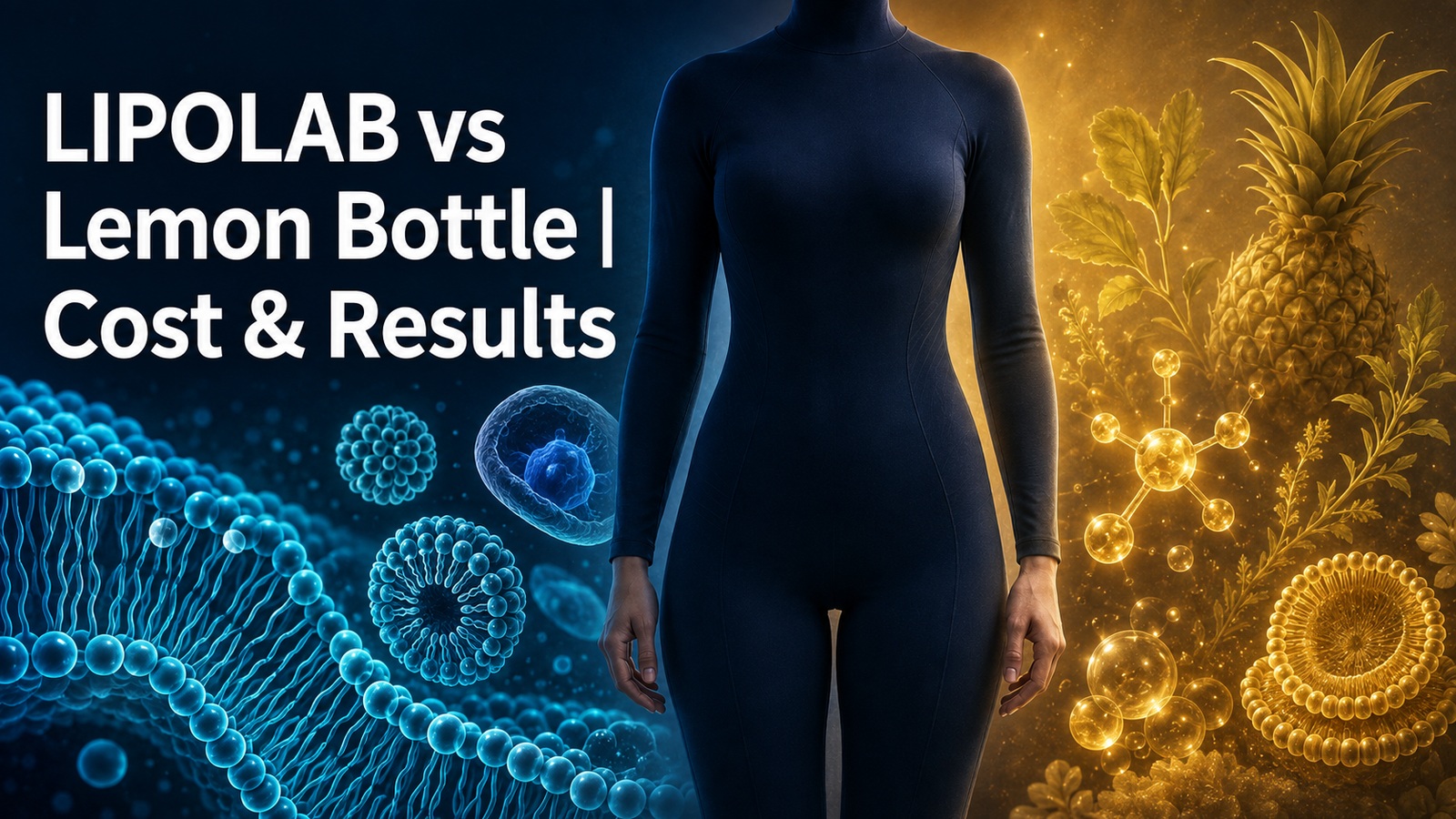 LIPOLAB and Lemon Bottle formula comparison with PPC and deoxycholate motifs opposite pineapple, lecithin and riboflavin motifs