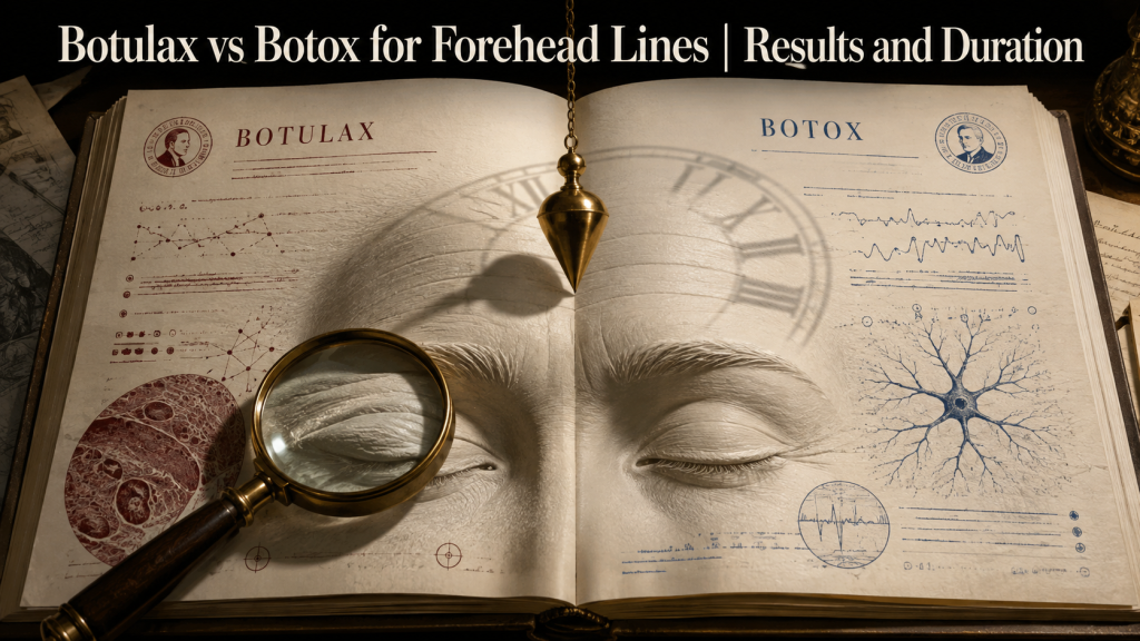 Open evidence dossier comparing Botulax and Botox for forehead lines and duration