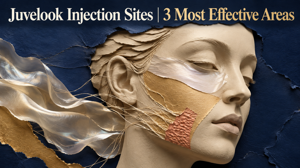 Artistic facial atlas showing broad Juvelook concern regions without injection points