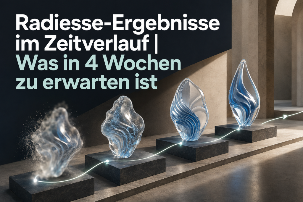 Abstrakte vierstufige Radiesse-Zeitleiste von der frühen Schwellung bis zur stabileren Kontur