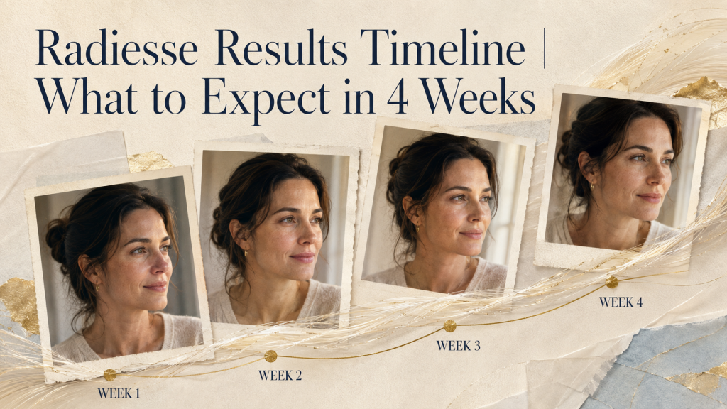 Four-week Radiesse timeline shown as an editorial sequence of settling and gradual collagen change