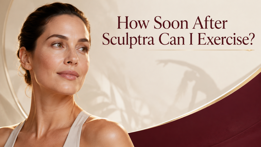 High-end beauty poster showing a woman preparing to return to gentle exercise after Sculptra