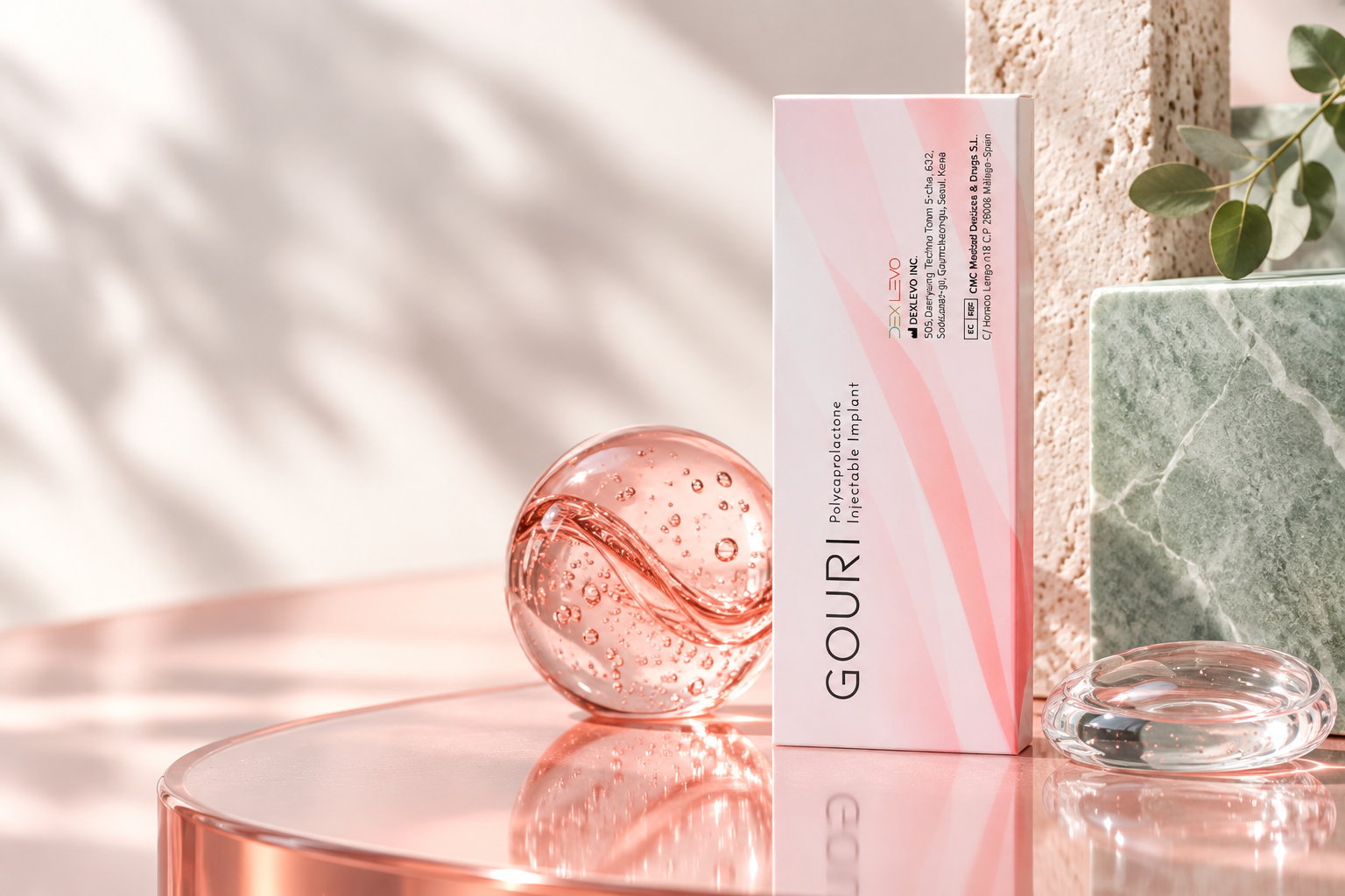 Verified Gouri liquid PCL pack in an integrated editorial scene contrasting biostimulation with gel volume