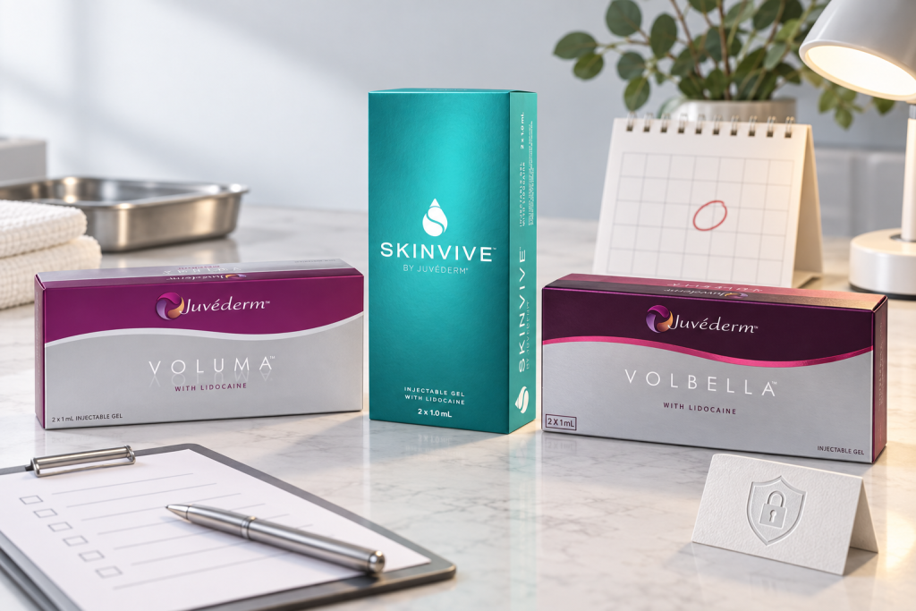 Verified Juvederm Skinvive, Voluma and Volbella boxes in an integrated inventory inspection scene