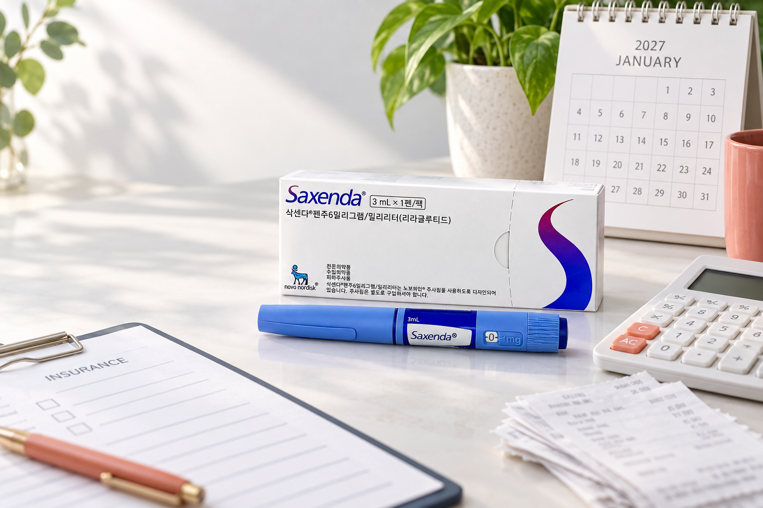 Verified Saxenda pack in an integrated cost-comparison scene with calculator, insurance form and January 2027 calendar