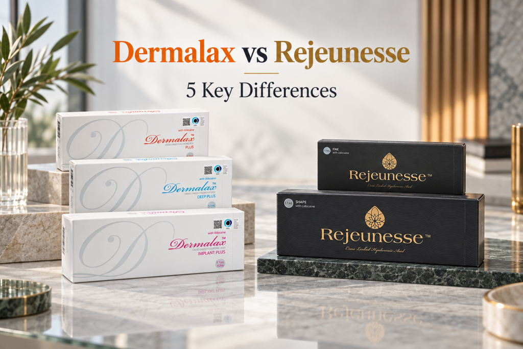 Dermalax vs Rejeunesse, 5 key differences, with verified product boxes arranged as two comparable ranges