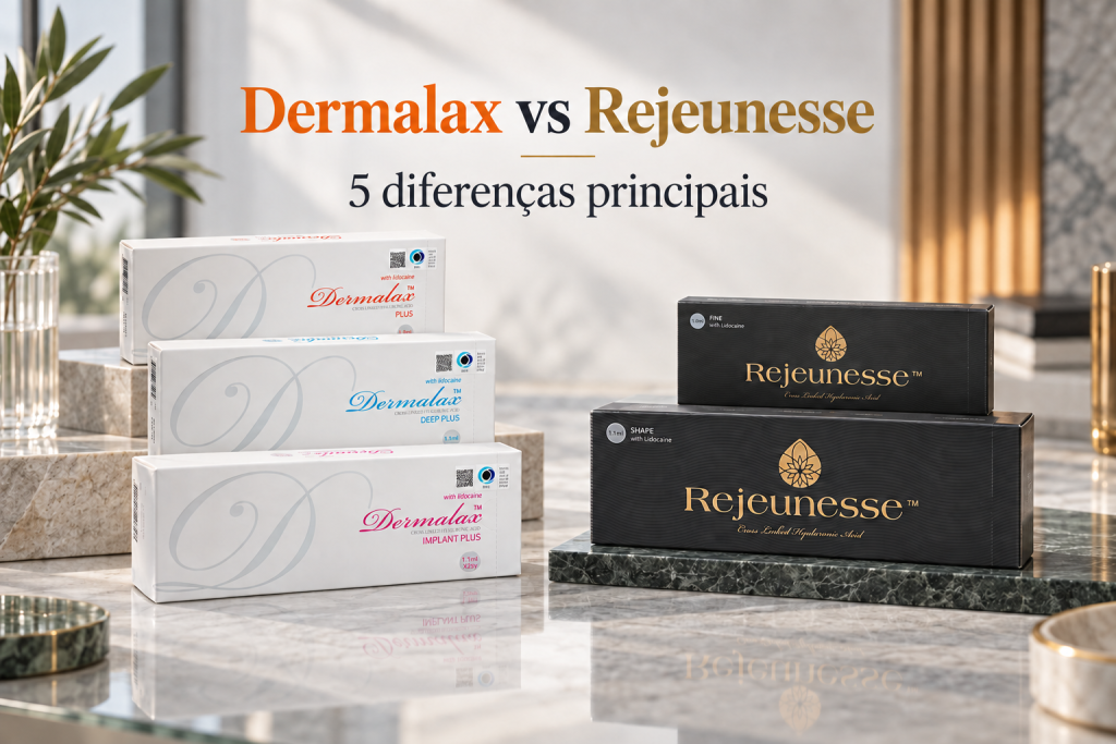 Dermalax vs Rejeunesse, cinco diferenças principais, com embalagens verificadas organizadas em duas linhas comparáveis