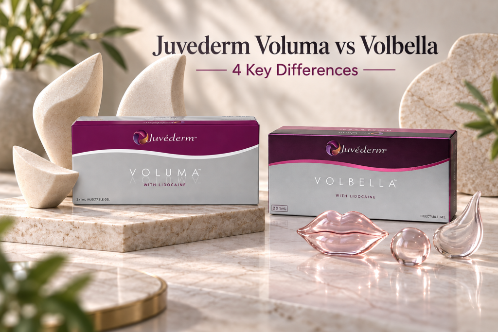 Juvederm Voluma vs Volbella, 4 key differences, shown with verified product packaging in one integrated comparison scene