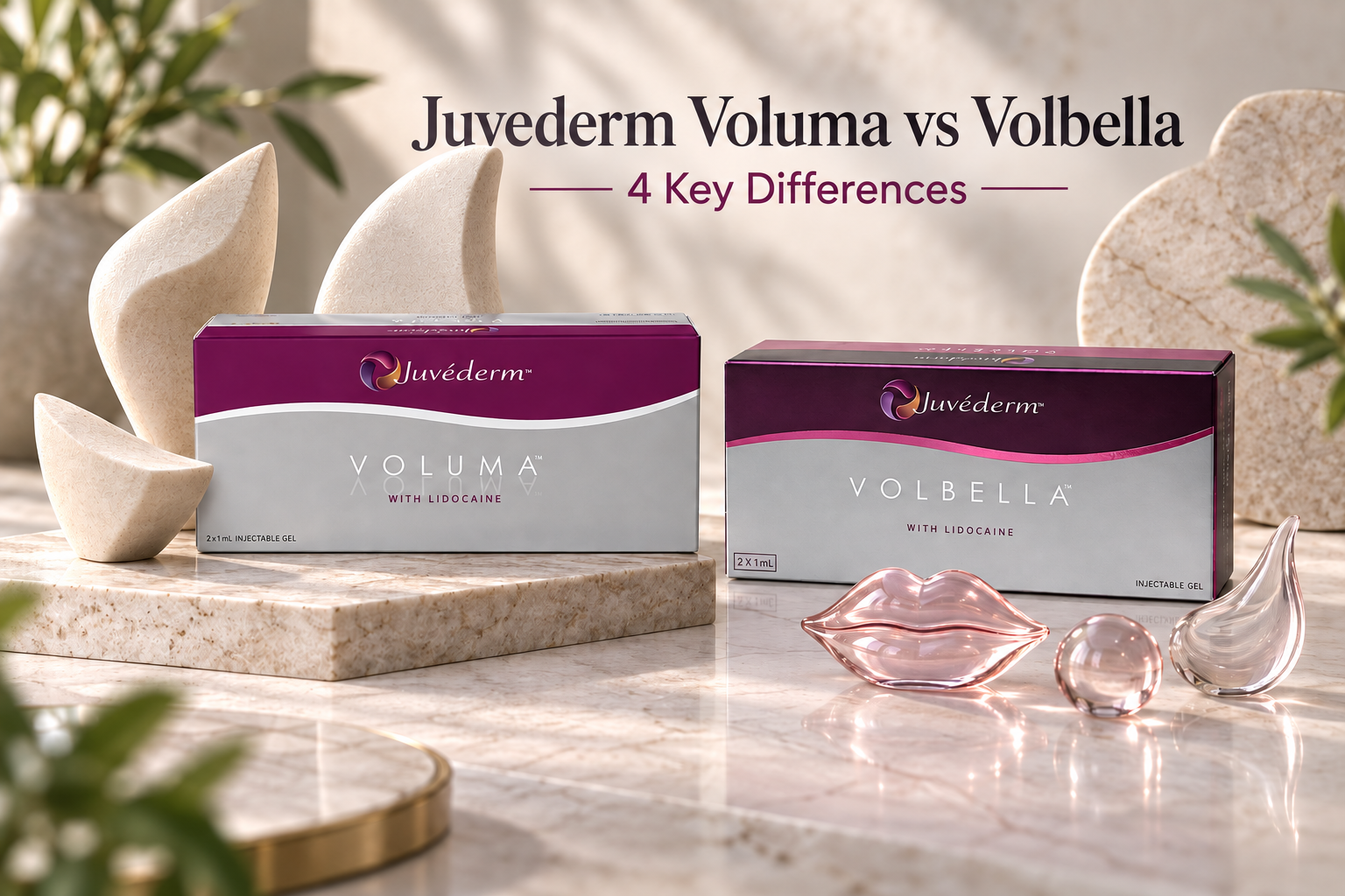 Juvederm Voluma vs Volbella, 4 key differences, shown with verified product packaging in one integrated comparison scene