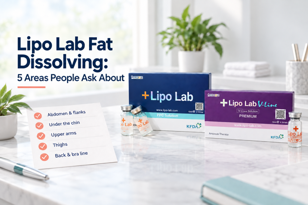 Lipo Lab PPC Solution and V-Line products beside a checklist of five common concern areas