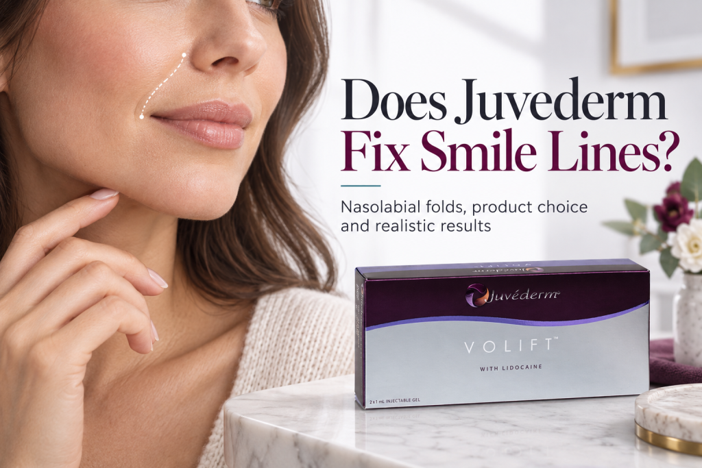 Does Juvederm Fix Smile Lines, shown with verified Juvederm Volift packaging and a clear nasolabial fold facial zone