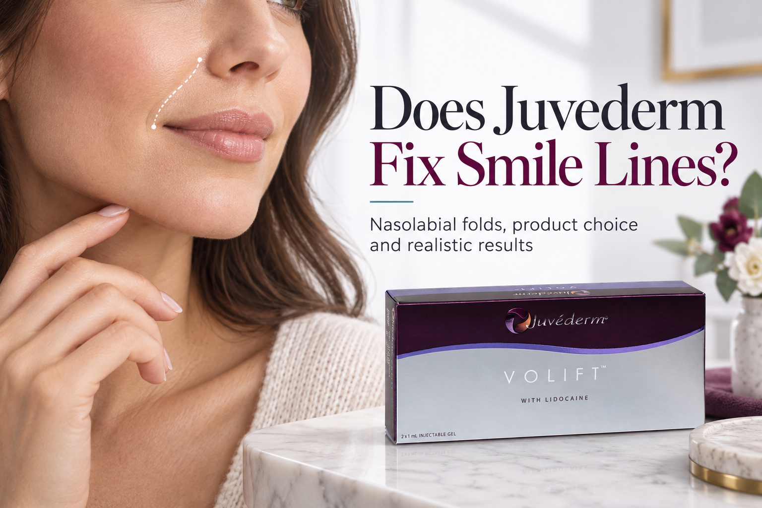 Does Juvederm Fix Smile Lines, shown with verified Juvederm Volift packaging and a clear nasolabial fold facial zone