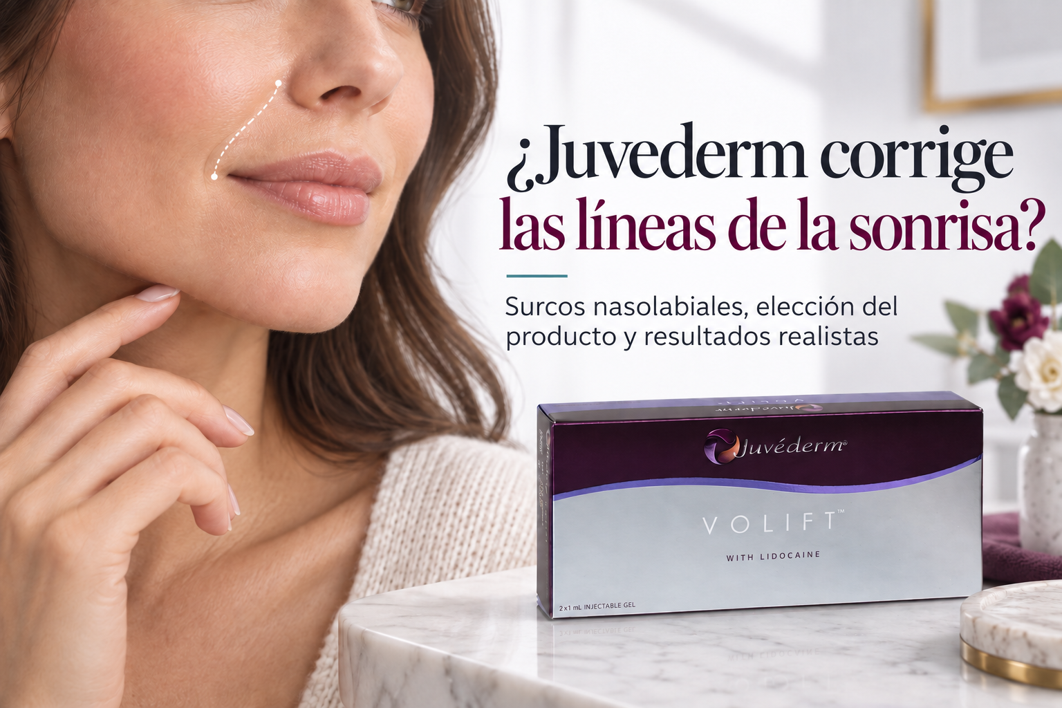 ¿Juvederm corrige las líneas de la sonrisa? con el envase real de Juvederm VOLIFT y la zona nasolabial señalada